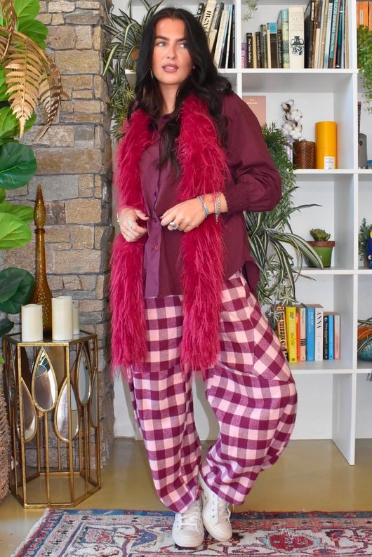 Nora Brushed Cotton Gingham Classic Barrel Pant Aubergine